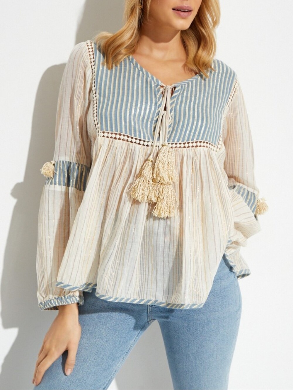 MISS JUNE PARIS BLUE STRIPED COTTON BOHO BLOUSE S